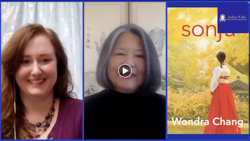 Screen capture of the recorded live interview between Jan VanVooren Rogers and Wondra Chang where they discuss Wondra's novel Sonju.